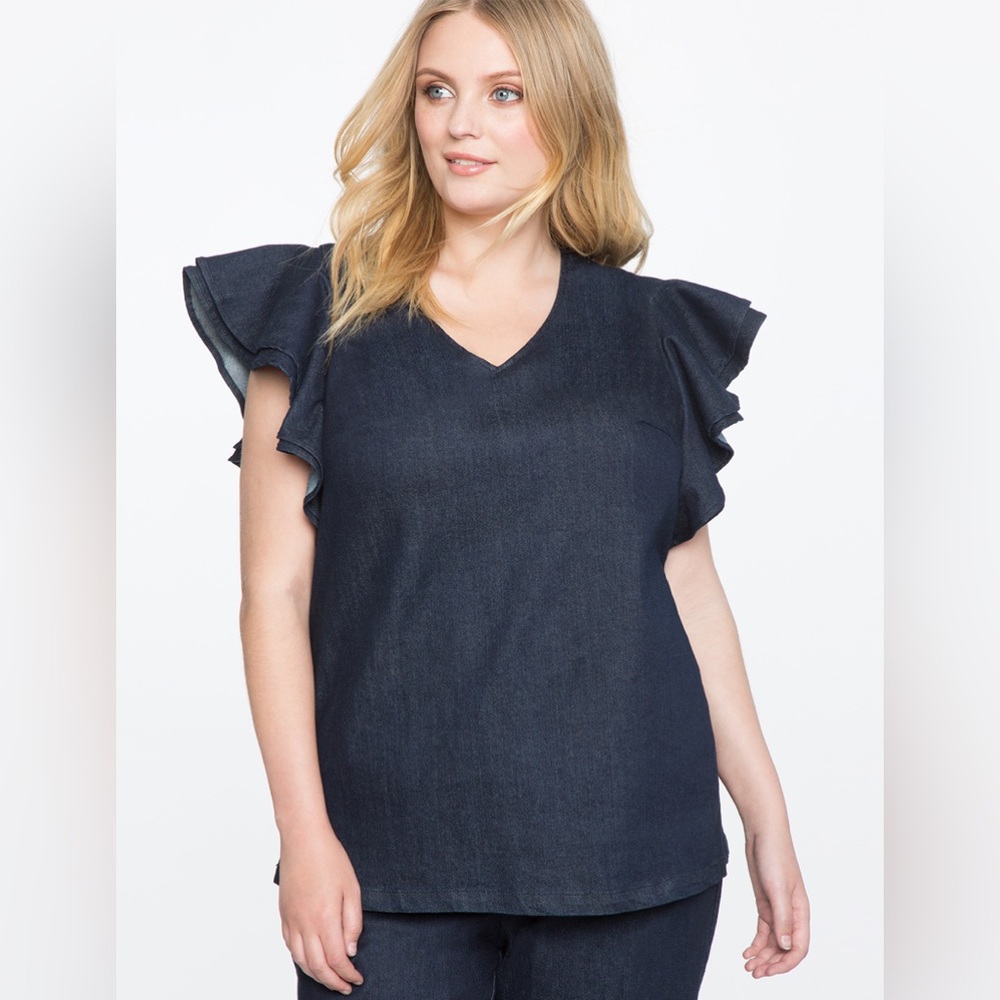 Eloquii ruffle sleeve stretch denim blouse plus size 24